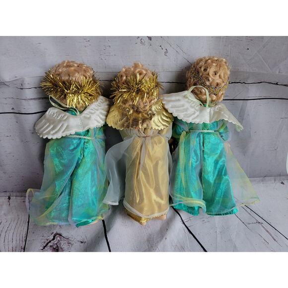 Porcelain Christmas Angel Dolls Lot 3 Dressed in Gold with Open Mouth Instrument - Picture 11 of 12